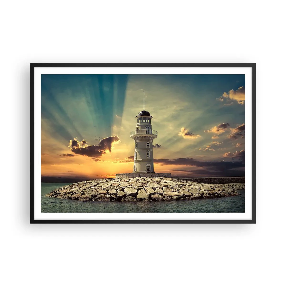 Poster in cornice nera - Un faro al tramonto contro il cielo - 100x70cm - Luce - Bontà - Bellezza - Decorazione murale moderna per soggiorno e camera da letto ARTTOR