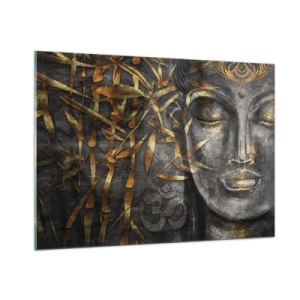 Quadro su vetro - Immagine del Buddha dorato su uno sfondo di bambù - 100x70cm - Senti la pace - Decorazione murale moderna per soggiorno e camera da letto ARTTOR