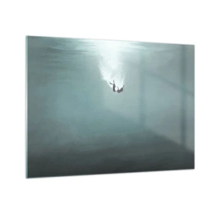 Quadro su vetro - La sagoma di un uomo immerso nelle profondità blu dell'oceano - 70x50cm - Nell'abbraccio dell'oceano - Decorazione murale moderna per soggiorno e camera da letto ARTTOR