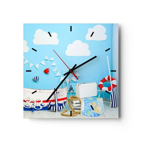 Orologio da parete - Orologio in Vetro - Decorazione nautica con barca e accessori su sfondo blu - 30x30cm - La nostalgia delle avventure dei bambini - Decorazione murale moderna per soggiorno e camera da letto ARTTOR