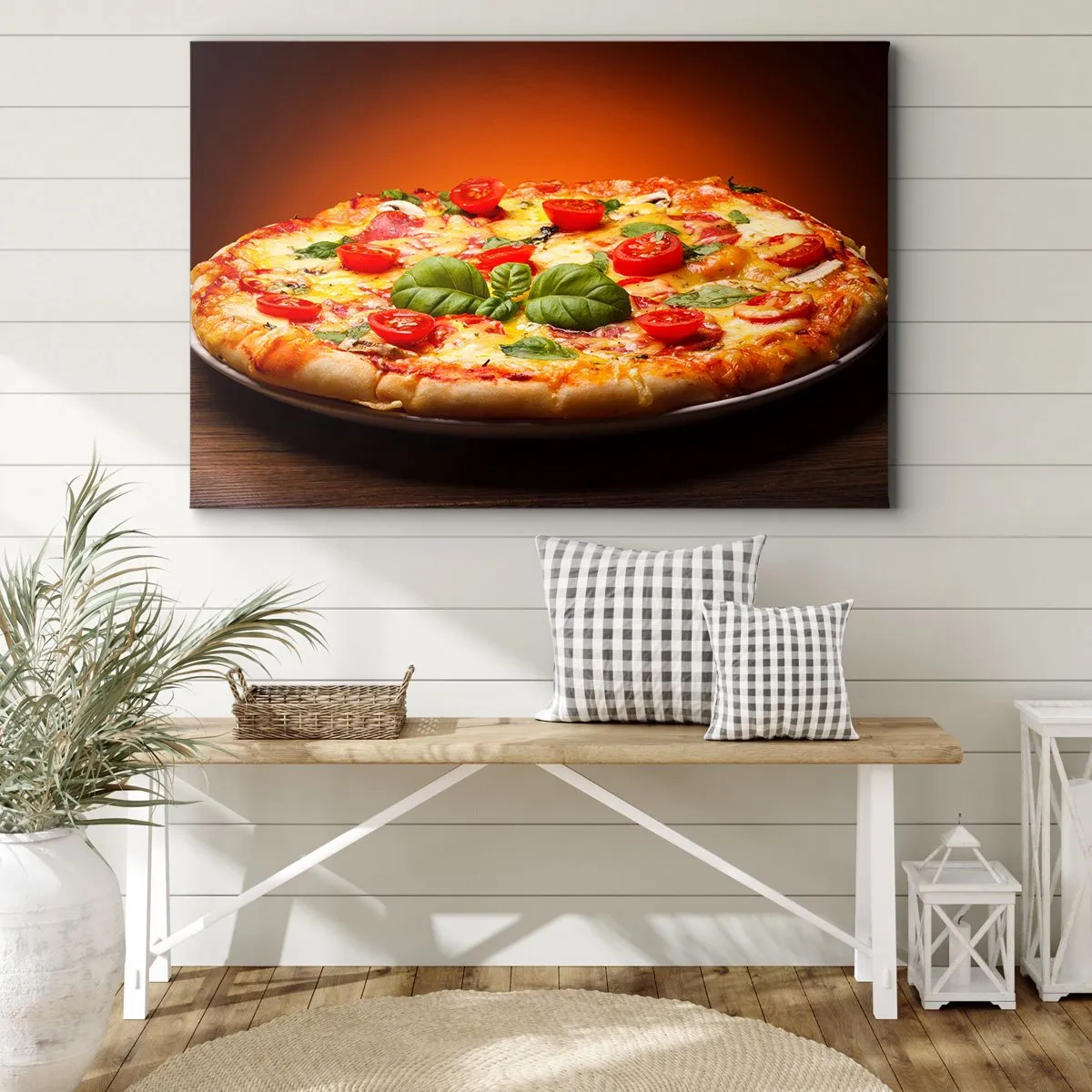 Quadro su tela - Stampe su Tela - Pizza con pomodori e basilico su un tavolo di legno - 100x70cm - Mamma mia! - Decorazione murale moderna per soggiorno e camera da letto ARTTOR