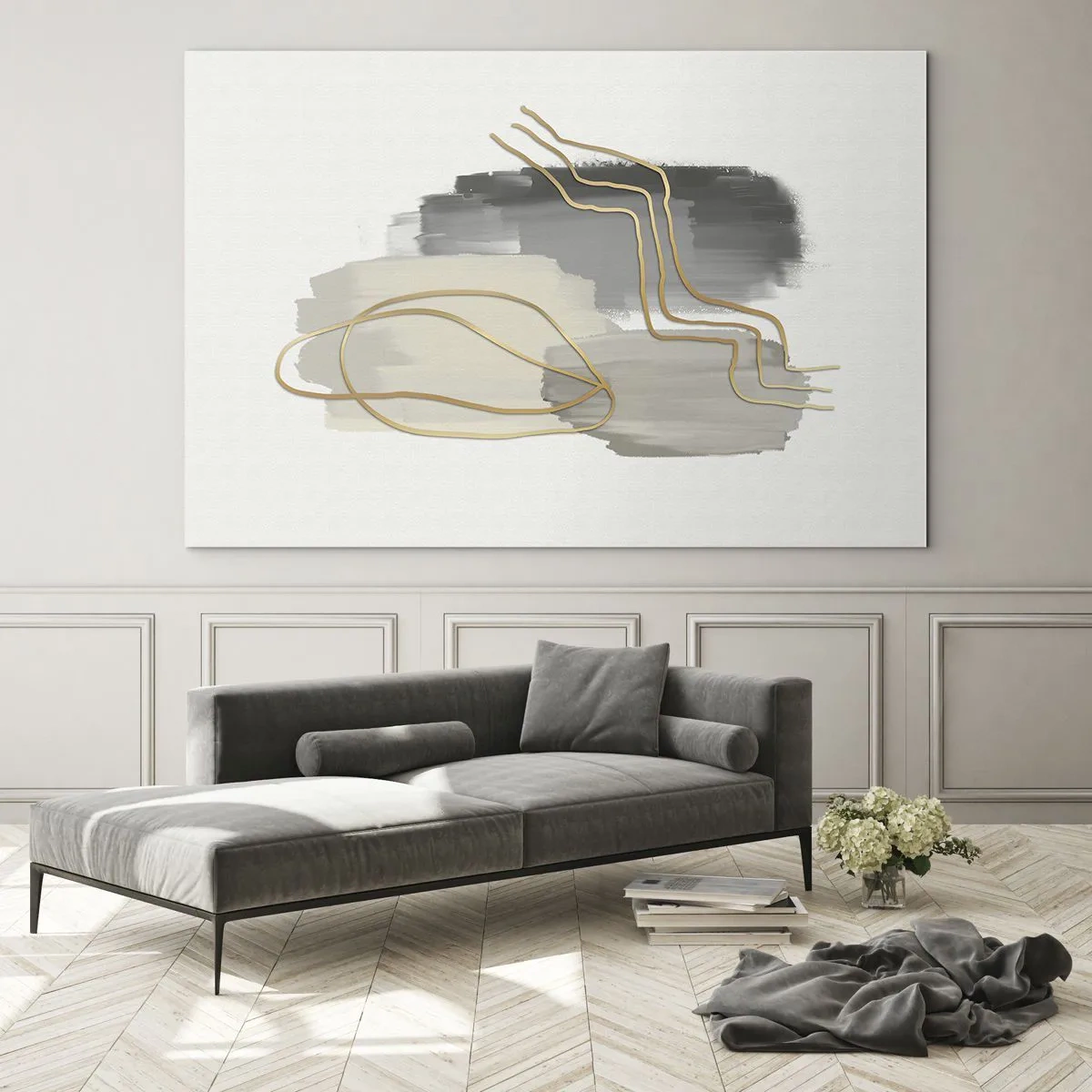 Quadro su vetro - Astrazione con macchie grigie e linee dorate su uno sfondo chiaro - 120x80cm - Durata e movimento - Decorazione murale moderna per soggiorno e camera da letto ARTTOR