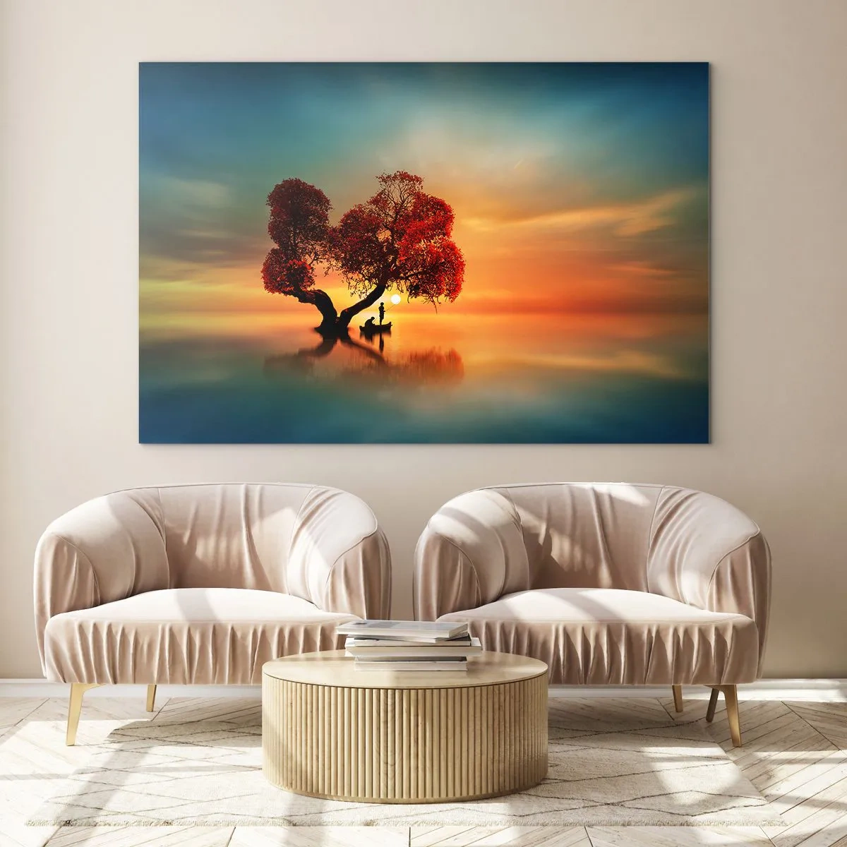 Quadro su vetro - Un albero con foglie rosse sullo sfondo del tramonto - 120x80cm - Gli esiliati e il silenzio fuori dal mondo - Decorazione murale moderna per soggiorno e camera da letto ARTTOR