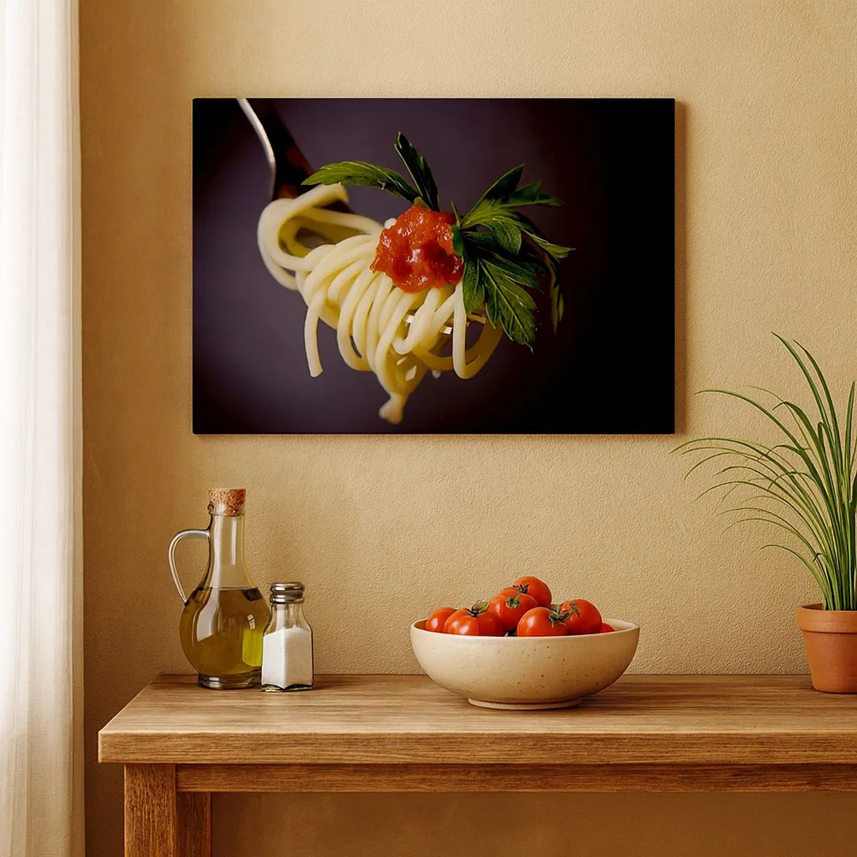 Quadro su tela - Stampe su Tela - Spaghetti alla forchetta con salsa di pomodoro e prezzemolo - 70x50cm - Un boccone delizioso - Decorazione murale moderna per soggiorno e camera da letto ARTTOR