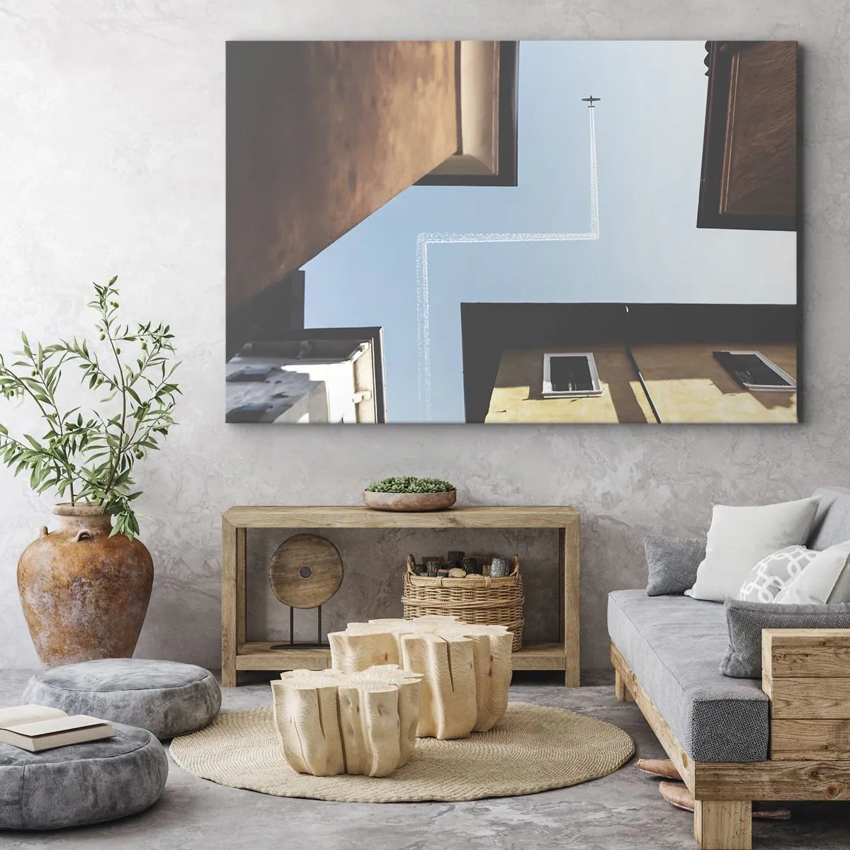 Quadro su tela - Stampe su Tela - Vista dell'aereo e della sua scia nel cielo da una prospettiva stradale - 100x70cm - Sopra il labirinto urbano - Decorazione murale moderna per soggiorno e camera da letto ARTTOR