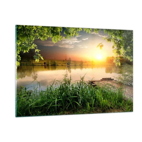 Quadro su vetro - Paesaggio con lago immerso nel verde al tramonto - 120x80cm - Paesaggio incorniciato di verde - Decorazione murale moderna per soggiorno e camera da letto ARTTOR