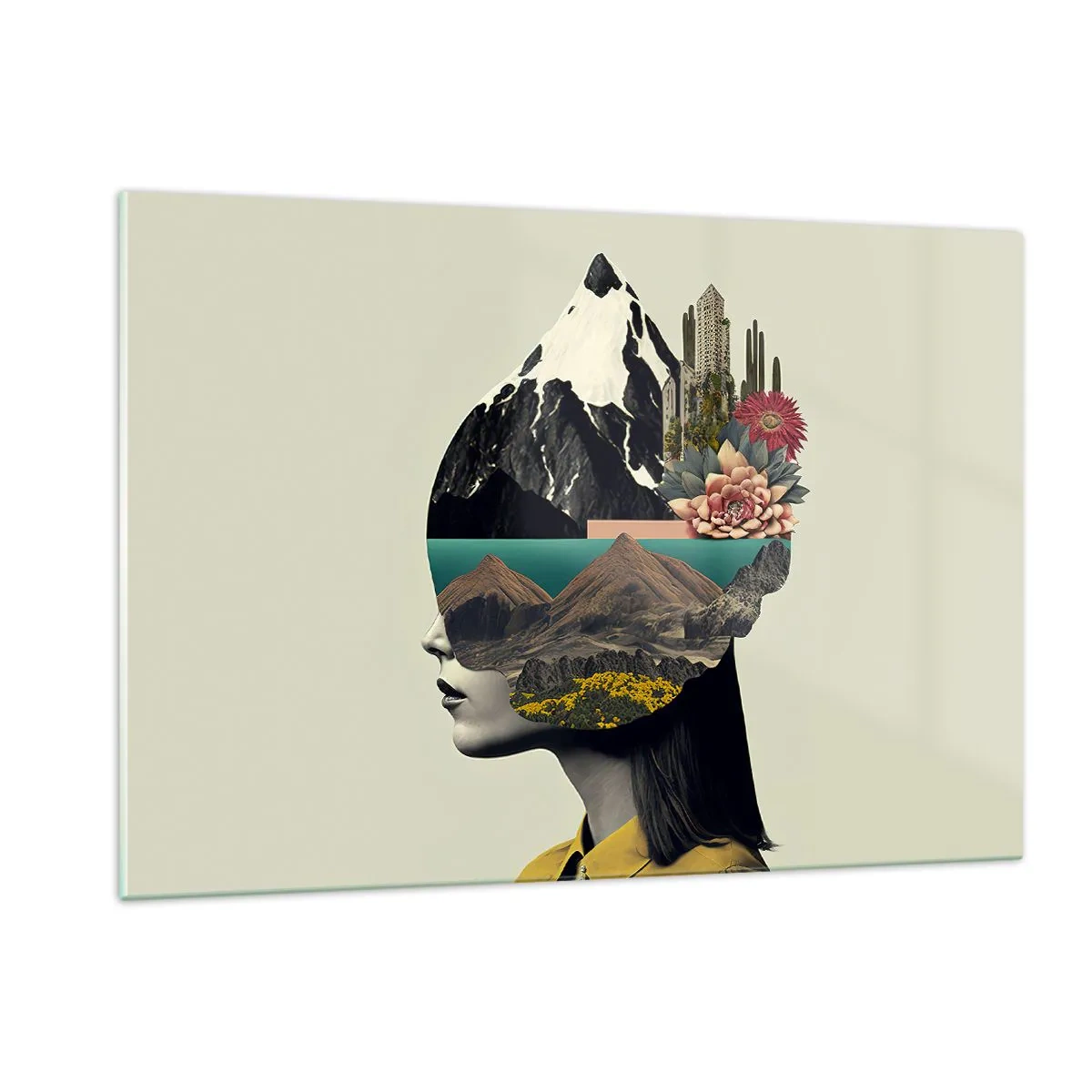 Quadro su vetro - Silhouette di una donna con un paesaggio montano e la flora nella sua testa - 120x80cm - La donna è sempre un mistero - Decorazione murale moderna per soggiorno e camera da letto ARTTOR
