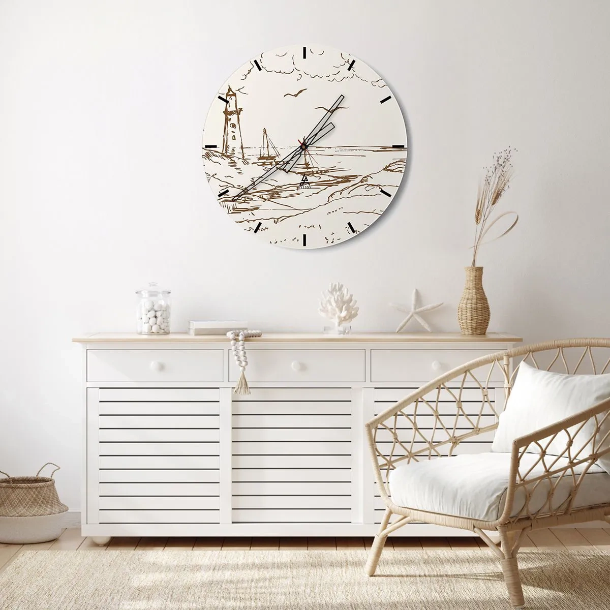 Orologio da parete - Orologio in Vetro - Illustrazione di un faro con una barca a vela e uccelli contro il cielo - 30x30cm - Schizzo dei ricordi d'estate - Decorazione murale moderna per soggiorno, cucina e camera da letto ARTTOR