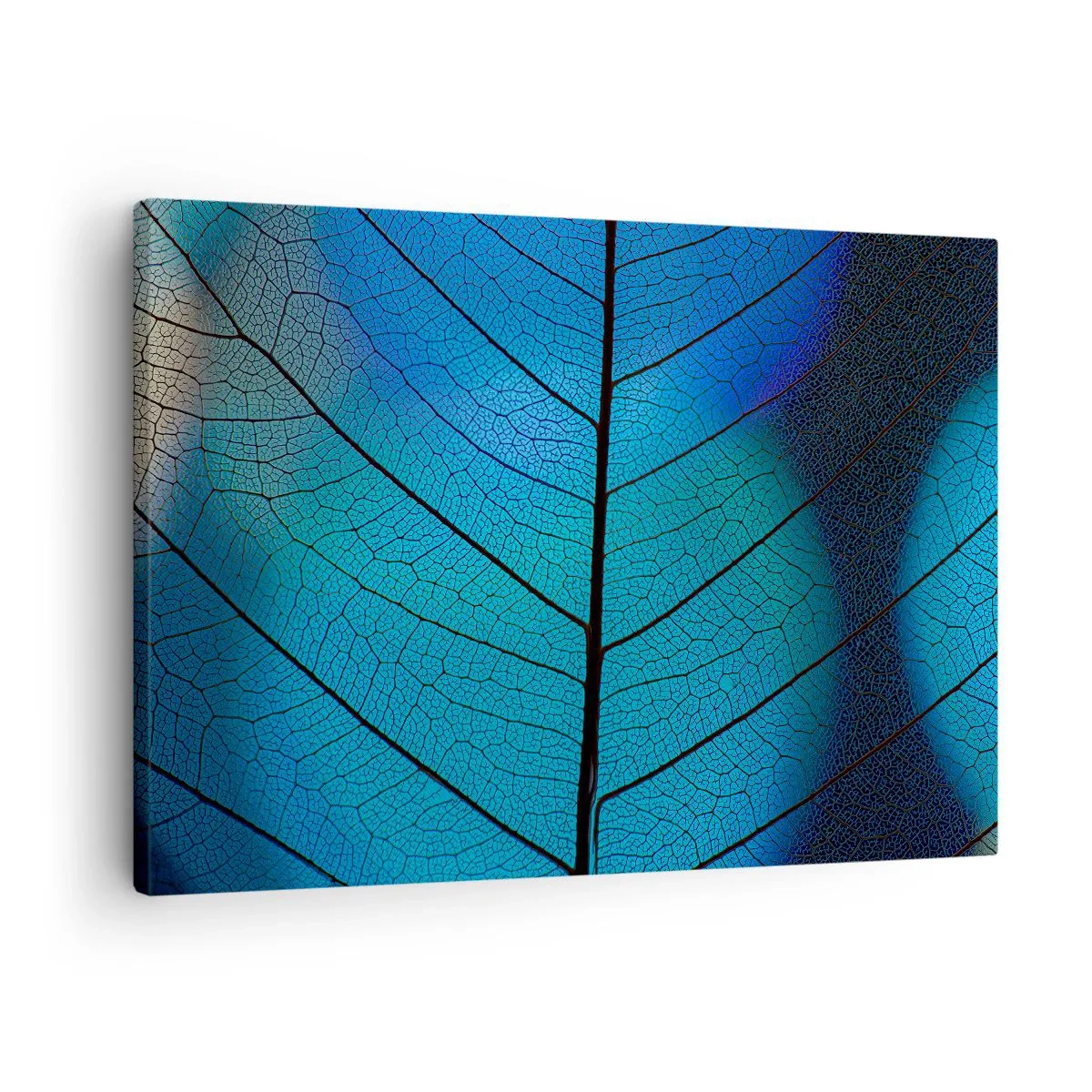 Quadro su tela - Stampe su Tela - Primo piano di una foglia blu con dettaglio delle venature visibile - 70x50cm - Struttura intricata - Decorazione murale moderna per soggiorno e camera da letto ARTTOR