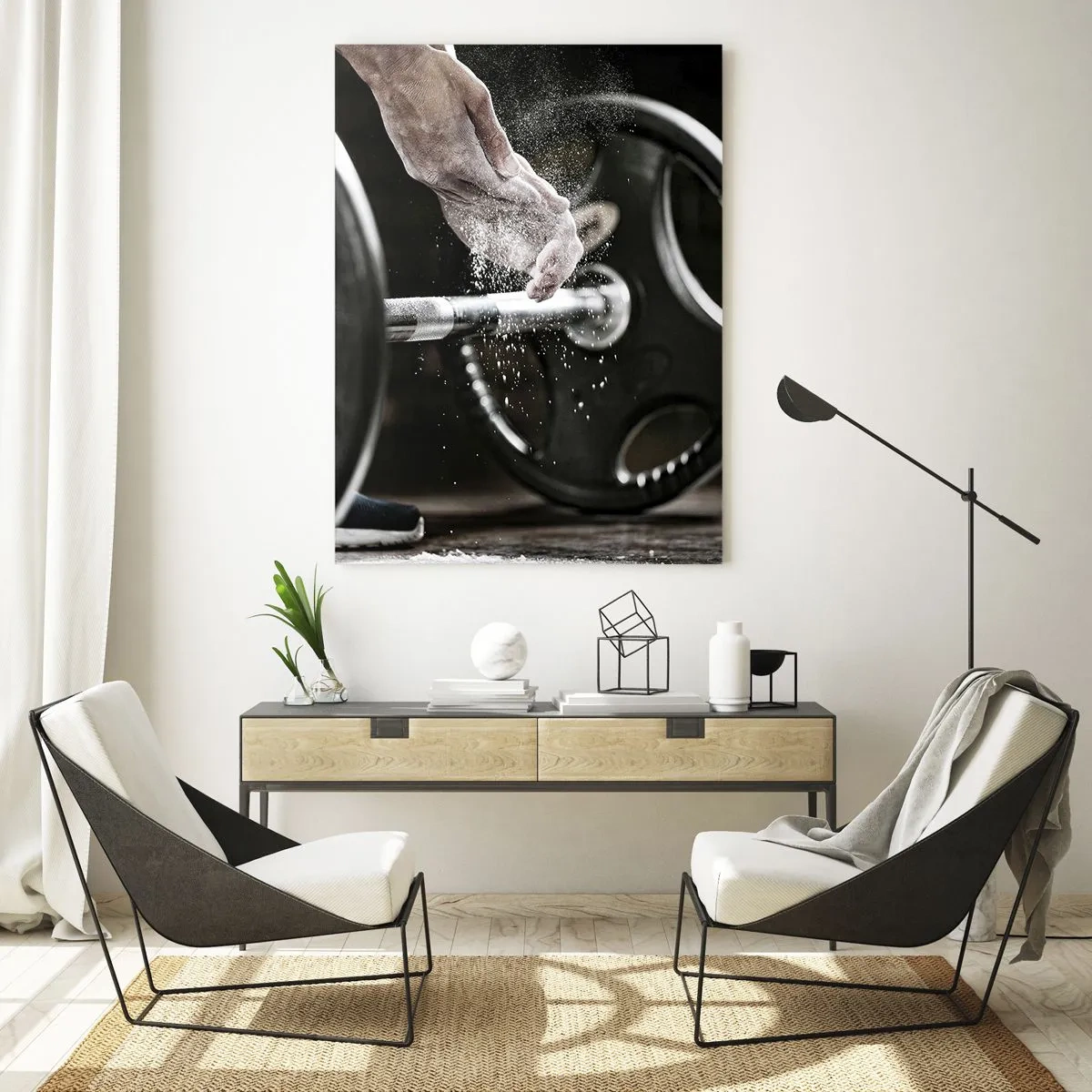 Quadro su vetro - Sollevamento pesi con gesso sulle mani e bilanciere - 50x70cm - Sfida accettata! - Decorazione murale moderna per soggiorno e camera da letto ARTTOR