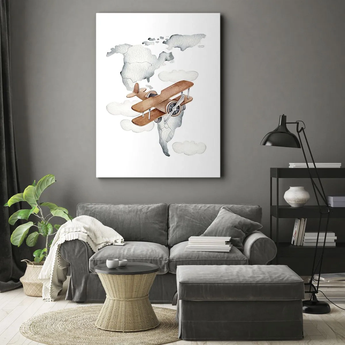 Quadro su tela - Stampe su Tela - Illustrazione di una mappa del mondo con aeroplani - 50x70cm - Nello spirito dei pionieri - Decorazione murale moderna per soggiorno e camera da letto ARTTOR
