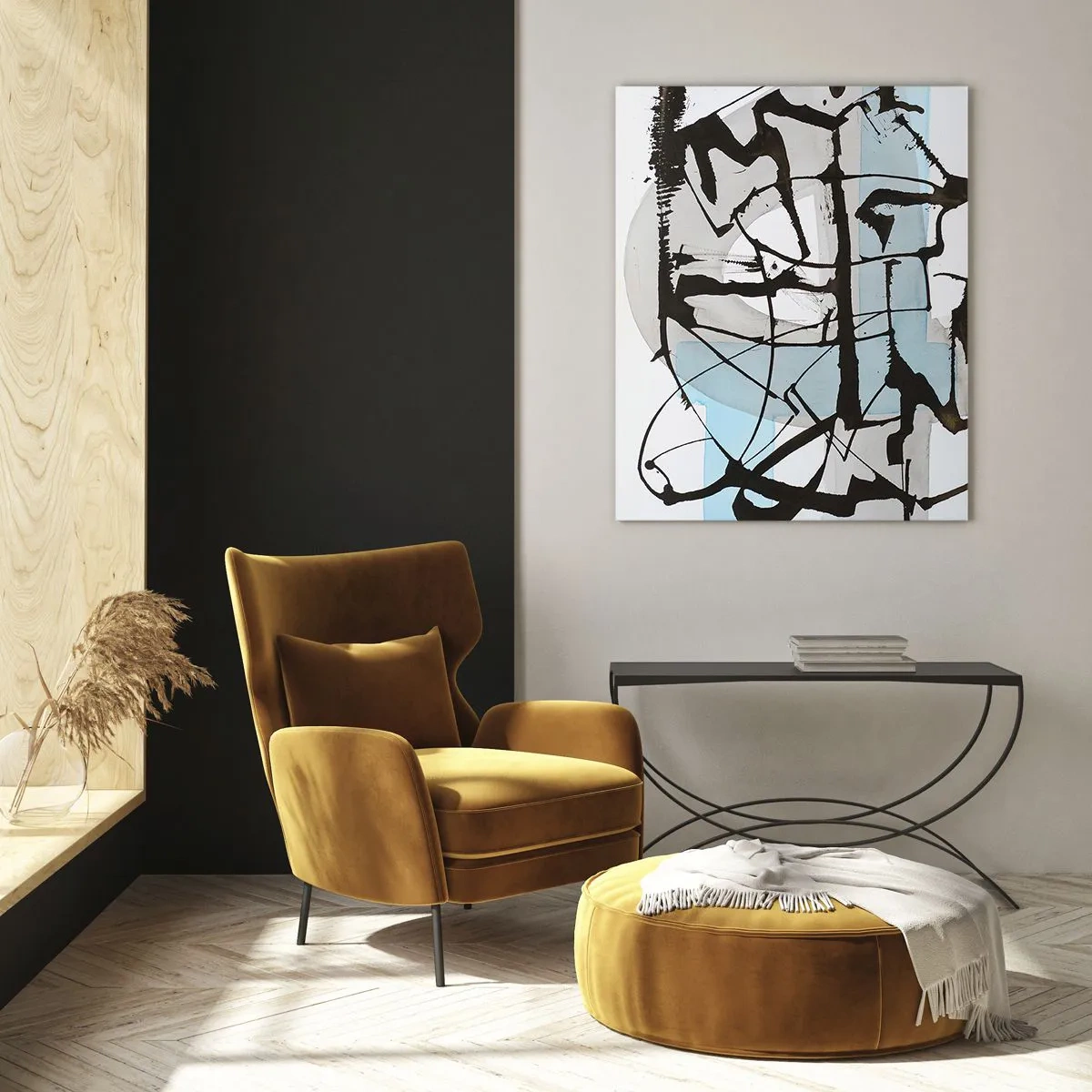 Quadro su vetro - Composizione astratta con uno schizzo nero e macchie blu - 50x70cm - Blu nonostante tutto - Decorazione murale moderna per soggiorno e camera da letto ARTTOR