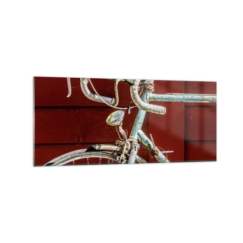 Quadro su vetro - Una bicicletta d'epoca contro un muro di legno rosso - 120x50cm - Creata per la vittoria - Decorazione murale moderna per soggiorno e camera da letto ARTTOR