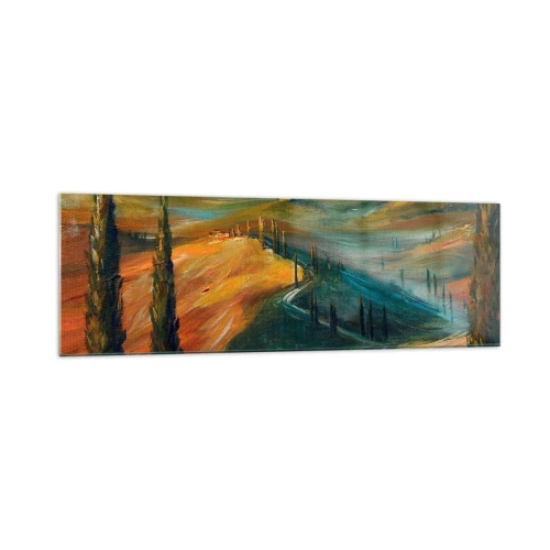 Quadro su vetro - Paesaggio toscano con campi, strada e cipressi - 160x50cm - Paesaggio toscano - Decorazione murale moderna per soggiorno e camera da letto ARTTOR