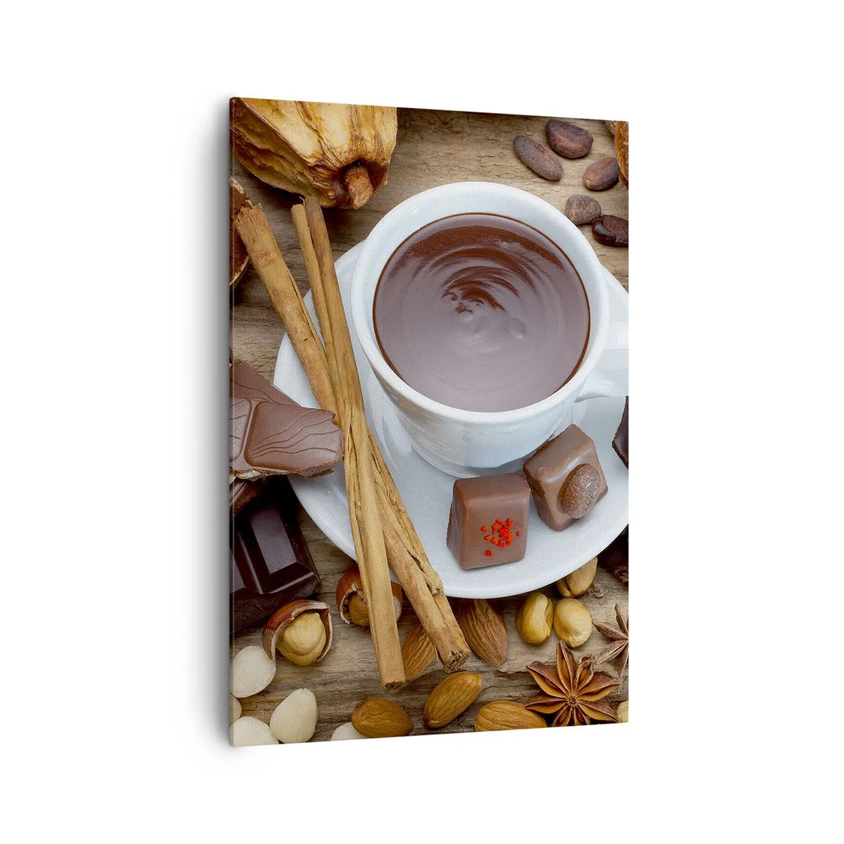 Quadro su tela - Stampe su Tela - Una tazza di cioccolata calda circondata da ingredienti per dessert - 70x100cm - Dalla fantastica fabbrica di cioccolato - Decorazione murale moderna per soggiorno e camera da letto ARTTOR