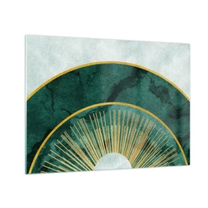 Quadro su vetro - Raggi dorati su uno sfondo di semicerchi verdi con struttura in marmo - 70x50cm - Un altro sistema solare - Decorazione murale moderna per soggiorno e camera da letto ARTTOR