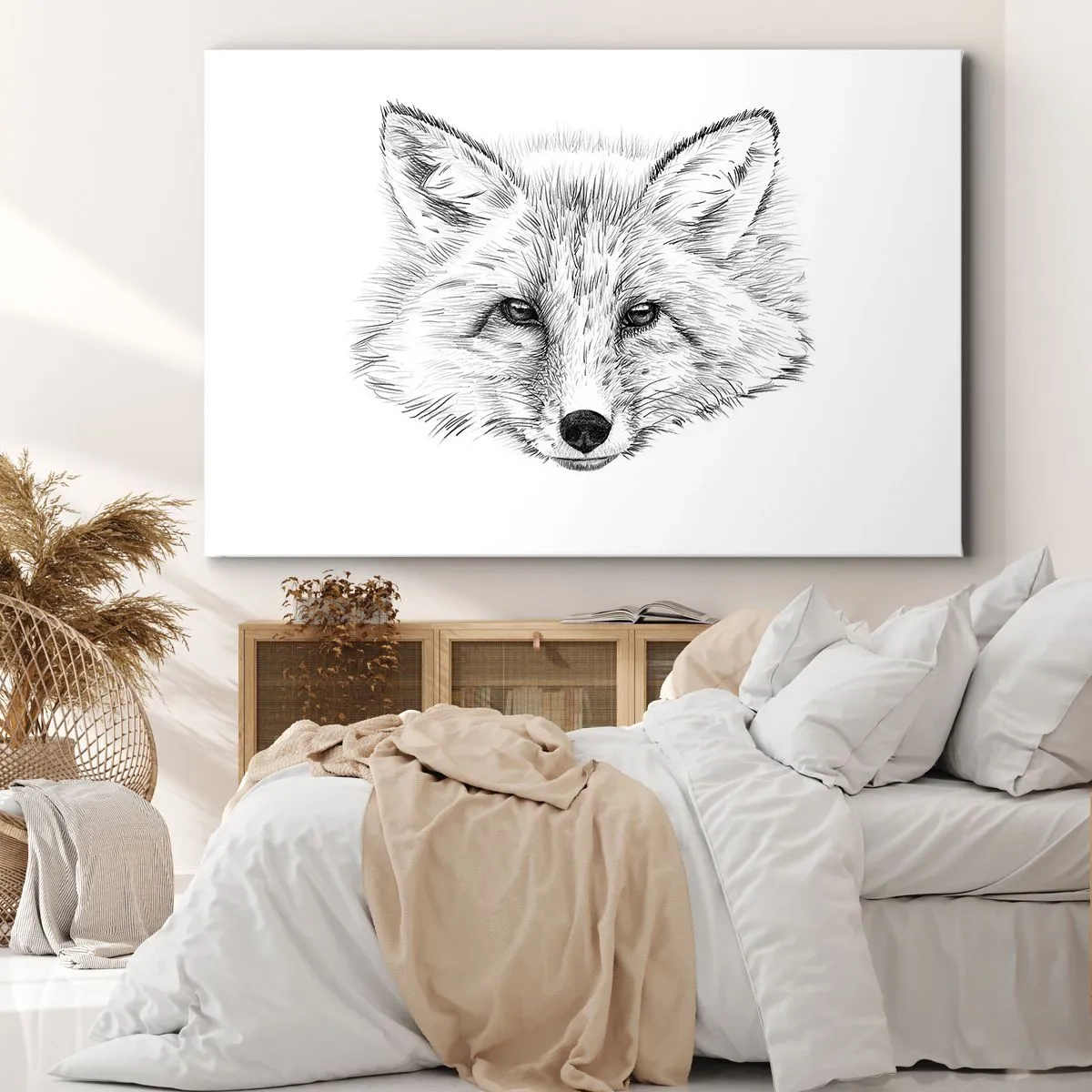 Quadro su tela - Stampe su Tela - Disegno in bianco e nero di una testa di volpe su sfondo bianco - 100x70cm - Questi occhi possono mentire? - Decorazione murale moderna per soggiorno e camera da letto ARTTOR