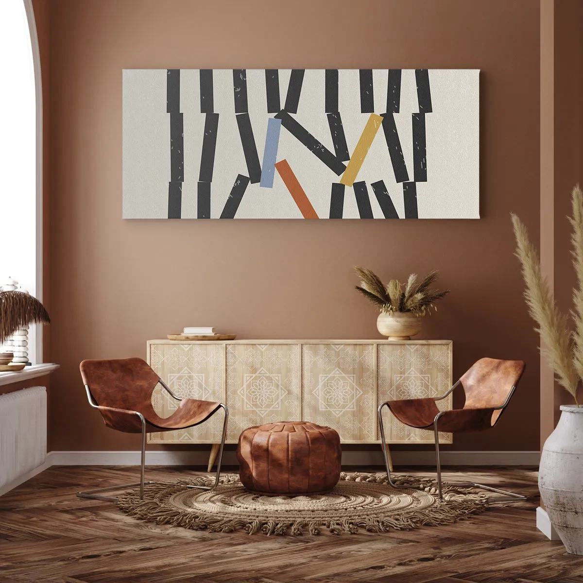 Quadro su tela - Stampe su Tela - Composizione astratta con rettangoli colorati e neri - 160x50cm - Composizione: domino - Decorazione murale moderna per soggiorno e camera da letto ARTTOR