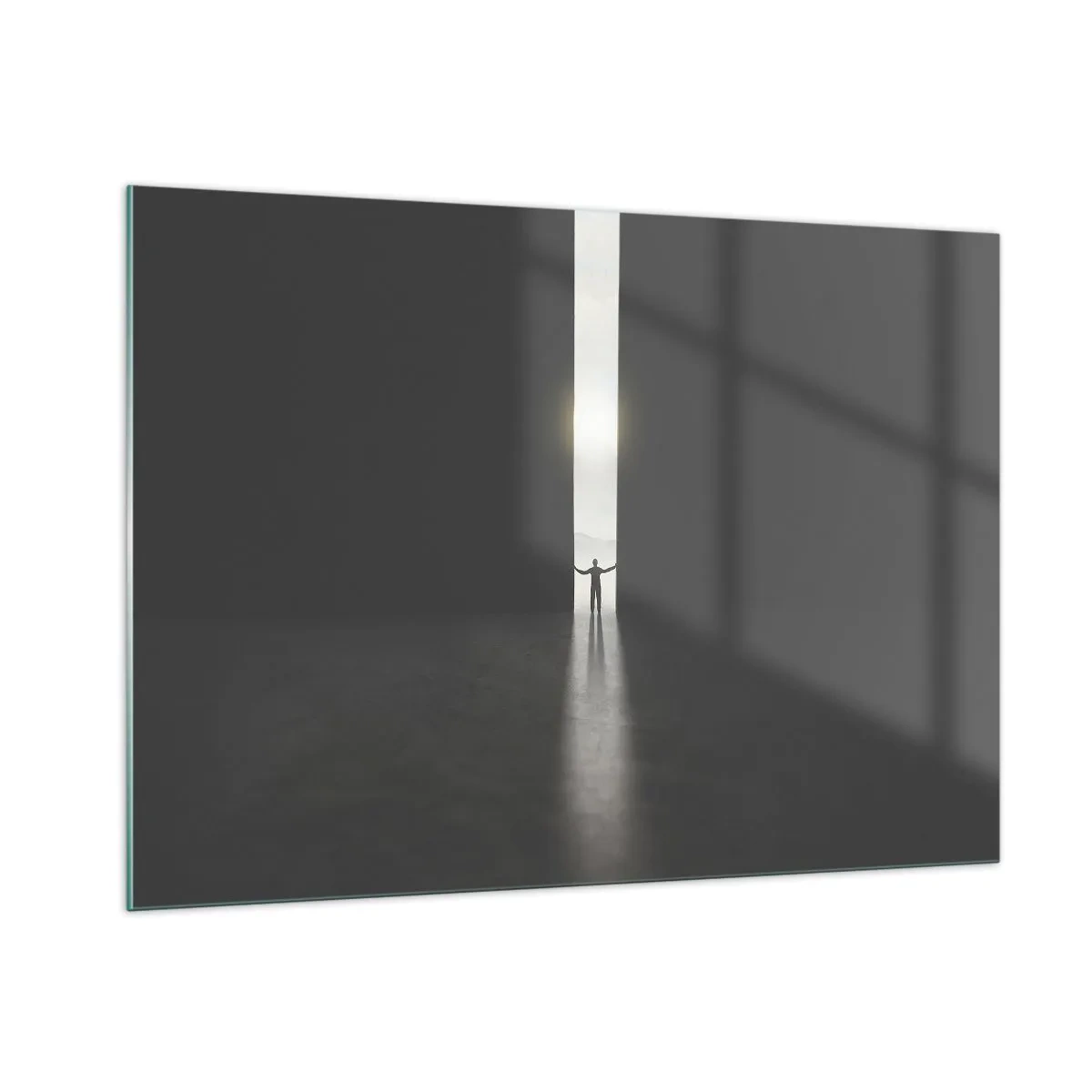Quadro su vetro - Sagoma di un uomo che apre una porta verso una luce intensa - 100x70cm - Un passo verso un chiaro futuro - Decorazione murale moderna per soggiorno e camera da letto ARTTOR