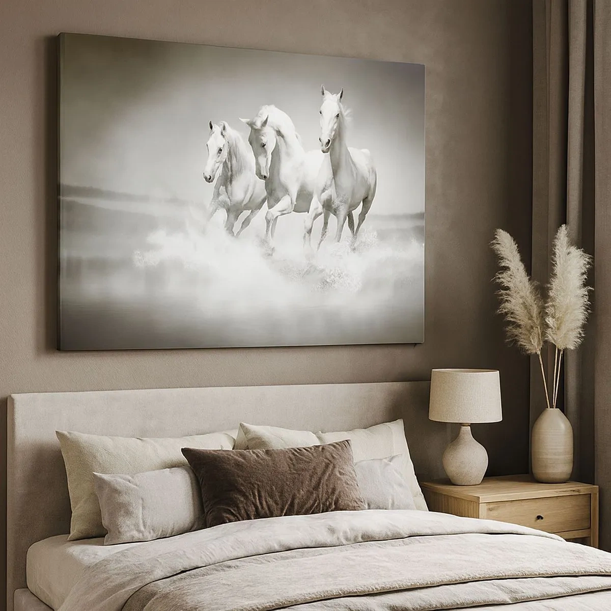 Quadro su tela - Stampe su Tela - Tre cavalli bianchi che galoppano nell'acqua - 70x50cm - Estasi bianca - Decorazione murale moderna per soggiorno e camera da letto ARTTOR