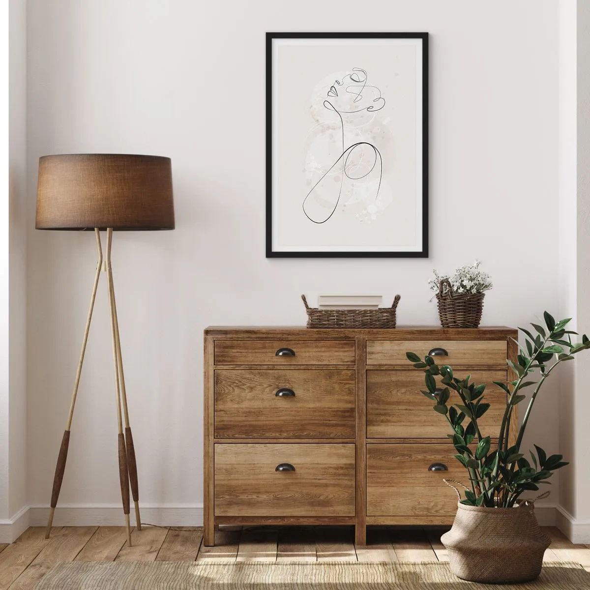 Poster in cornice nera - La linea di contorno della figura sullo sfondo di delicate forme pastello - 50x70cm - La spirale della bellezza - Decorazione murale moderna per soggiorno e camera da letto ARTTOR