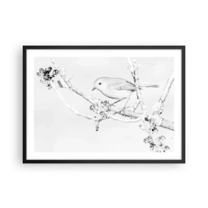 Poster in cornice nera - Uccello su un ramo in bianco e nero con uno stile minimalista - 70x50cm - Mattino invernale - Decorazione murale moderna per soggiorno e camera da letto ARTTOR