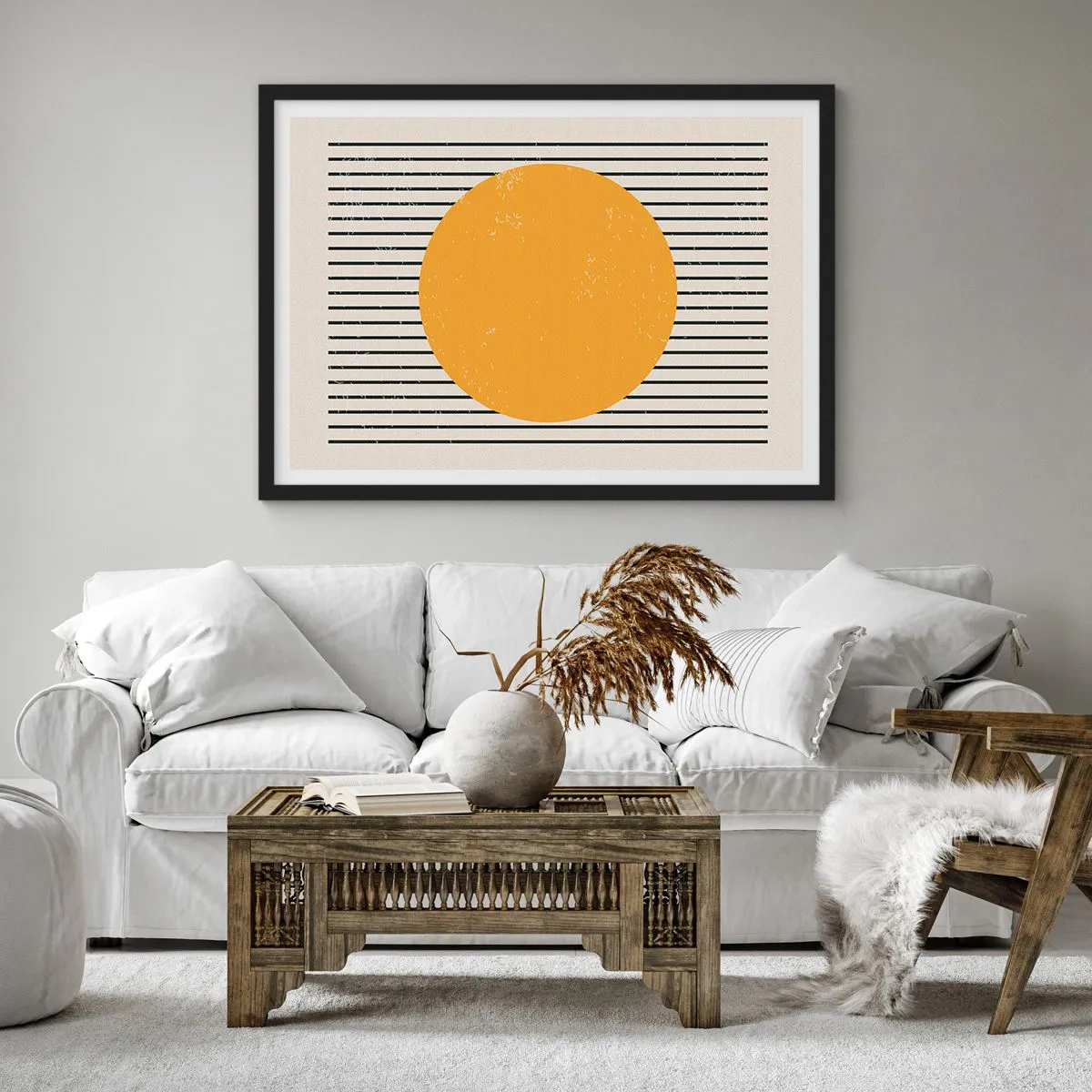 Poster in cornice nera - Un cerchio giallo su uno sfondo di linee orizzontali bianche e nere - 70x50cm - La forza della semplicità - Decorazione murale moderna per soggiorno e camera da letto ARTTOR