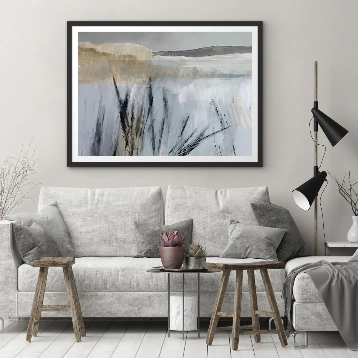 Poster in cornice nera - Un pittoresco paesaggio invernale con campi ed erbe - 70x50cm - Campi d'inverno - Decorazione murale moderna per soggiorno e camera da letto ARTTOR