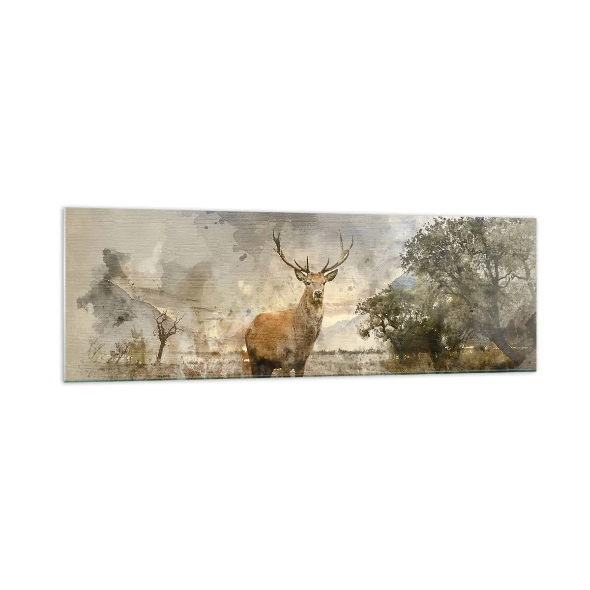 Quadro su vetro - Un cervo in un ambiente naturale in stile acquerello - 160x50cm - Dignità - forza - maestosità - Decorazione murale moderna per soggiorno e camera da letto ARTTOR