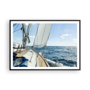 Poster in cornice nera - Una barca a vela su un mare calmo sotto un cielo azzurro - 100x70cm - Benvenuta avventura - Decorazione murale moderna per soggiorno e camera da letto ARTTOR