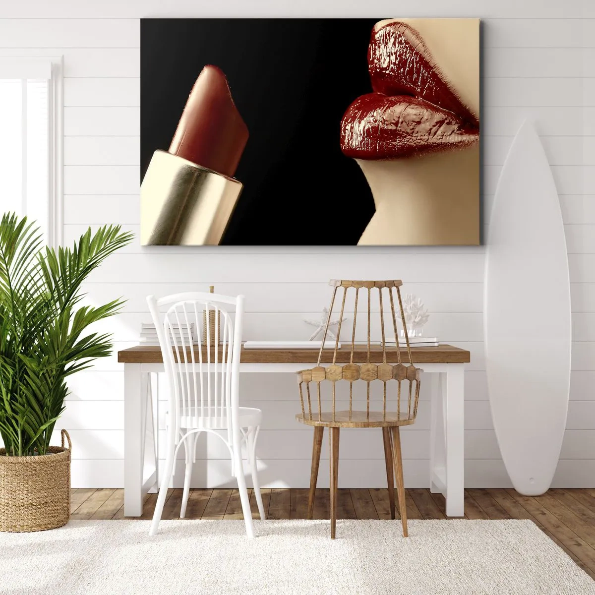 Quadro su tela - Stampe su Tela - Labbra rosse e rossetto su sfondo nero - 120x80cm - Sensualità e splendore del carminio - Decorazione murale moderna per soggiorno e camera da letto ARTTOR