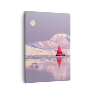 Quadro su tela - Stampe su Tela - Una vela rossa sullo sfondo di montagne ghiacciate e una luna piena. - 50x70cm - Calore della vela, gelo del ghiaccio - Decorazione murale moderna per soggiorno e camera da letto ARTTOR