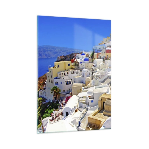 Quadro su vetro - Santorini con case bianche contro un cielo blu - 50x70cm - Sogno di un'estate greca - Decorazione murale moderna per soggiorno e camera da letto ARTTOR