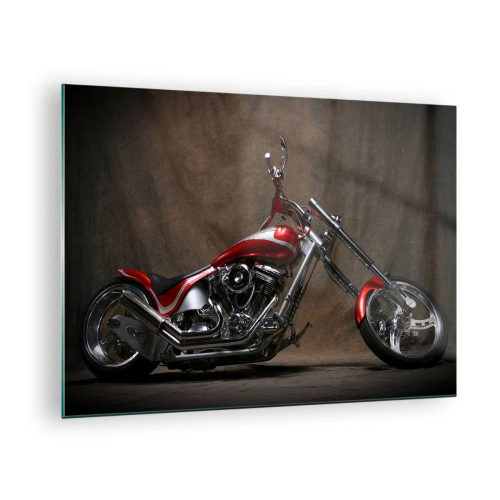 Quadro su vetro - Motocicletta personalizzata rossa su sfondo scuro - 70x50cm - Bellezza in rosso e argento - Decorazione murale moderna per soggiorno e camera da letto ARTTOR