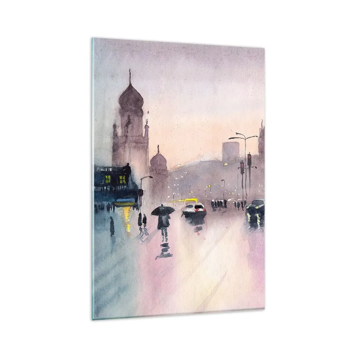 Quadro su vetro - Una strada cittadina al crepuscolo in stile acquerello - 80x120cm - Nella nebbia piovigginosa - Decorazione murale moderna per soggiorno e camera da letto ARTTOR