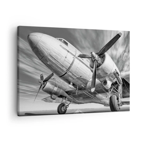 Quadro su tela - Stampe su Tela - Immagine in bianco e nero di un aereo classico con dettagli strutturali visibili. - 70x50cm - Sempre pronto al volo - Decorazione murale moderna per soggiorno e camera da letto ARTTOR