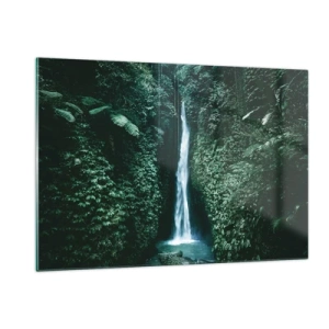 Quadro su vetro - Una cascata in mezzo alla fitta vegetazione tropicale - 120x80cm - Terme tropicali - Decorazione murale moderna per soggiorno e camera da letto ARTTOR