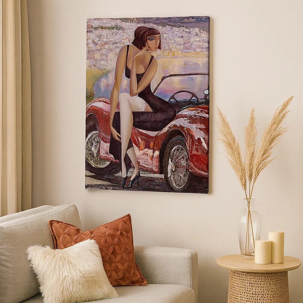Quadro su tela - Stampe su Tela - Una donna vicino a un'auto rossa con una città sullo sfondo - 50x70cm - Estate? Solo sulla Riviera - Decorazione murale moderna per soggiorno e camera da letto ARTTOR