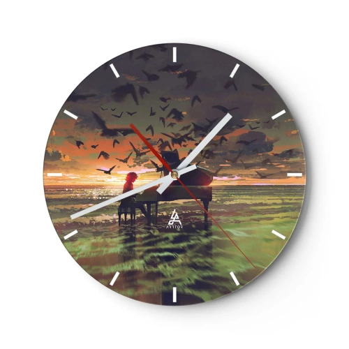 Orologio da parete - Orologio in Vetro - Un pianista che suona sullo sfondo di un tramonto - 30x30cm - Concerto per pianoforte e onde - Decorazione murale moderna per soggiorno, cucina e camera da letto ARTTOR