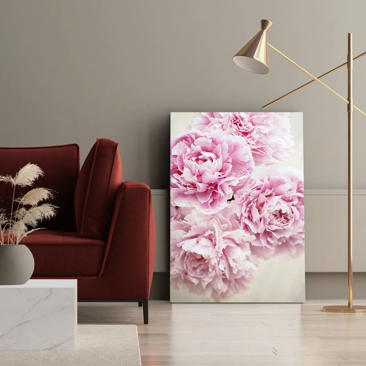 Quadro su tela - Stampe su Tela - Un bouquet di peonie rosa su uno sfondo chiaro - 50x70cm - Nel fasto rosa - Decorazione murale moderna per soggiorno e camera da letto ARTTOR