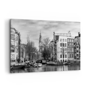 Quadro su tela - Stampe su Tela - Panorama in bianco e nero di Amsterdam con canale ed edifici storici - 120x80cm - Atmosfera di Amsterdam - Decorazione murale moderna per soggiorno e camera da letto ARTTOR