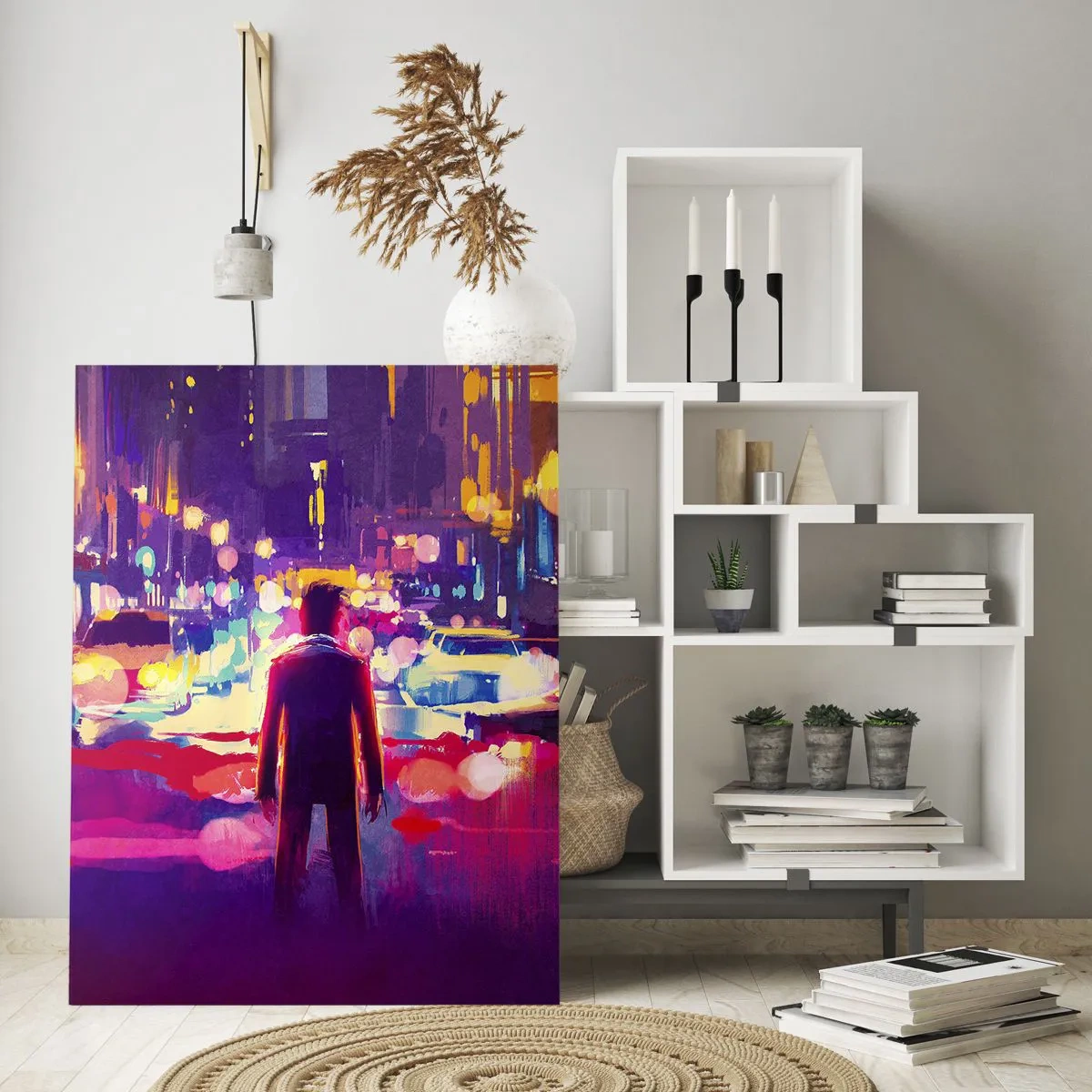 Quadro su vetro - Un uomo in una scena notturna di una città al neon - 80x120cm - Immerso nella luce - Decorazione murale moderna per soggiorno e camera da letto ARTTOR