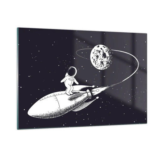 Quadro su vetro - Astronauta dei cartoni animati che fa surf nello spazio su un razzo - 120x80cm - Surfista spaziale - Decorazione murale moderna per soggiorno e camera da letto ARTTOR