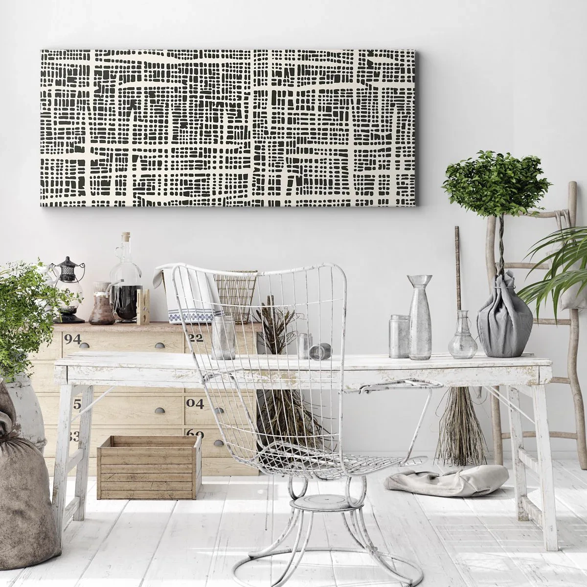 Quadro su tela - Stampe su Tela - Un motivo geometrico che ricorda una griglia su uno sfondo chiaro - 140x50cm - Composizione tessuta - Decorazione murale moderna per soggiorno e camera da letto ARTTOR