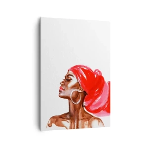 Quadro su tela - Stampe su Tela - Profilo di una donna con turbante rosso e orecchini - 70x100cm - C'è un vento che allarga le narici dell'uomo - Decorazione murale moderna per soggiorno e camera da letto ARTTOR