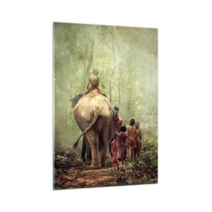 Quadro su vetro - Un elefante nella foresta con bambini in costumi tradizionali - 50x70cm - Il nuovo Libro della Giungla - Decorazione murale moderna per soggiorno e camera da letto ARTTOR