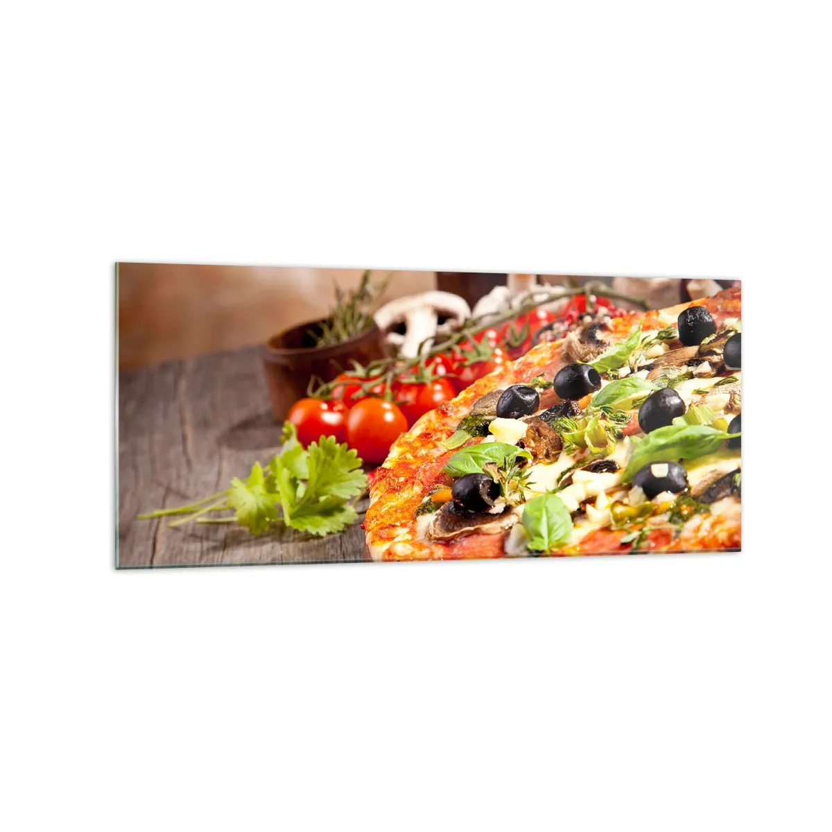 Quadro su vetro - Pizza con olive, basilico e ingredienti freschi su fondo in legno - 120x50cm - Con ingredienti tellurici - Decorazione murale moderna per soggiorno e camera da letto ARTTOR