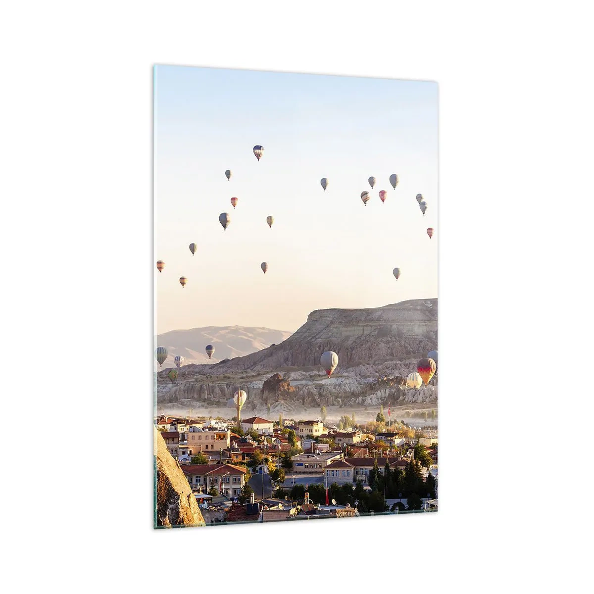 Quadro su vetro - Cappadocia con mongolfiere sullo sfondo di pittoresche colline - 70x100cm - Come navi nel cielo - Decorazione murale moderna per soggiorno e camera da letto ARTTOR