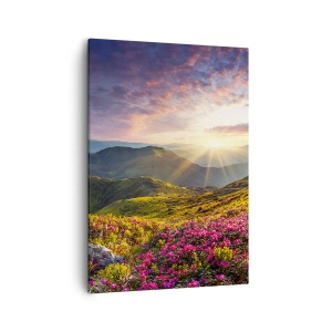 Quadro su tela - Stampe su Tela - Paesaggio montano con rododendri in fiore - 50x70cm - La freschezza di un mattino sui monti - Decorazione murale moderna per soggiorno e camera da letto ARTTOR