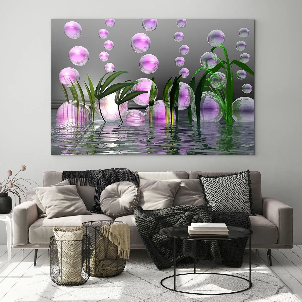 Quadro su vetro - Bolle viola che galleggiano sopra l'acqua con le piante - 120x80cm - Composizione meditativa su leggerezza e vita - Decorazione murale moderna per soggiorno e camera da letto ARTTOR
